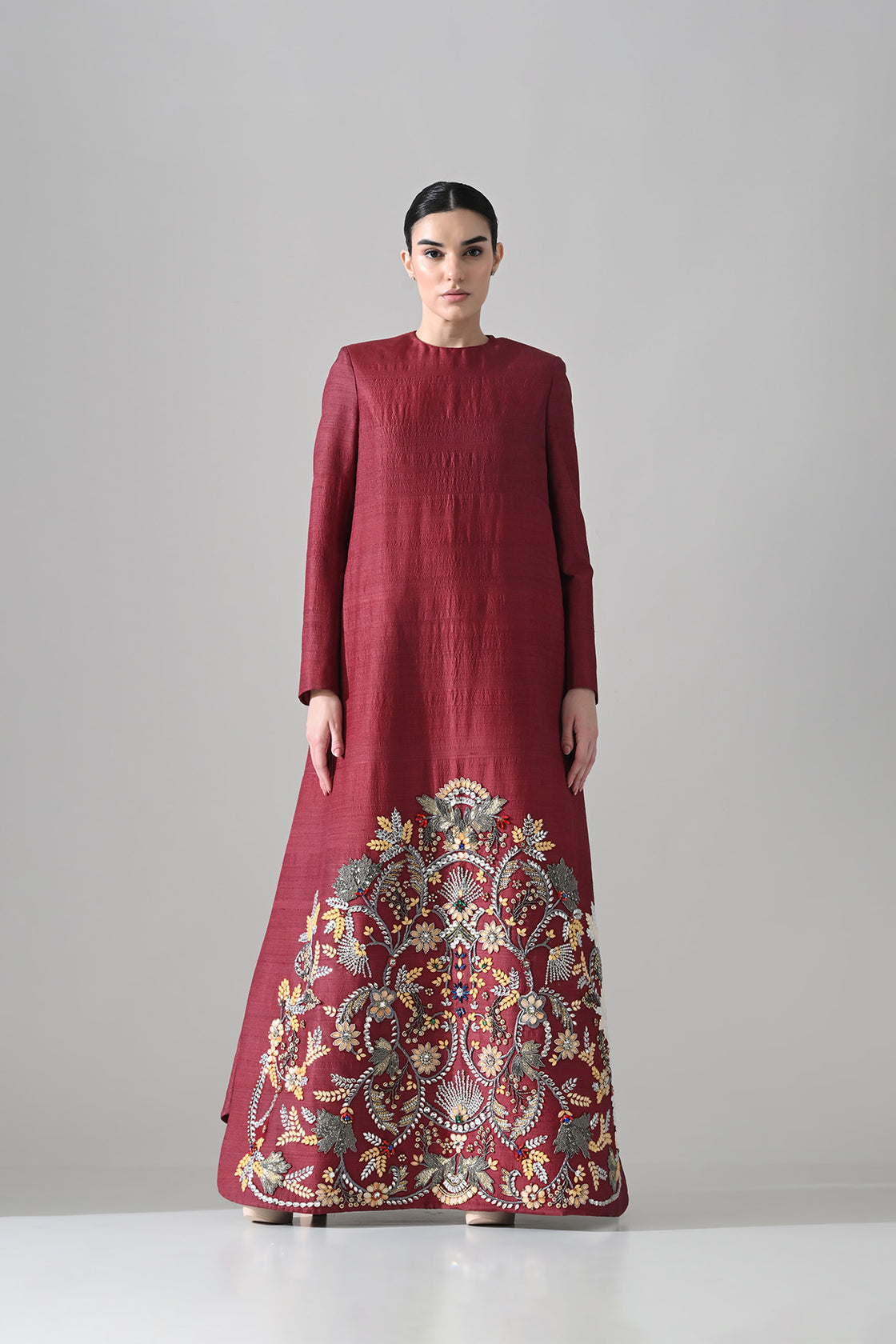 Crimson Structured Embroidered Long Dress