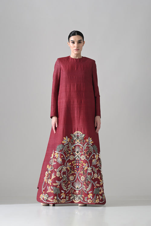 Crimson Structured Embroidered Long Dress
