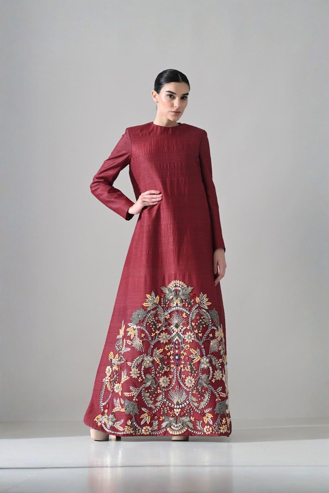 Crimson Structured Embroidered Long Dress