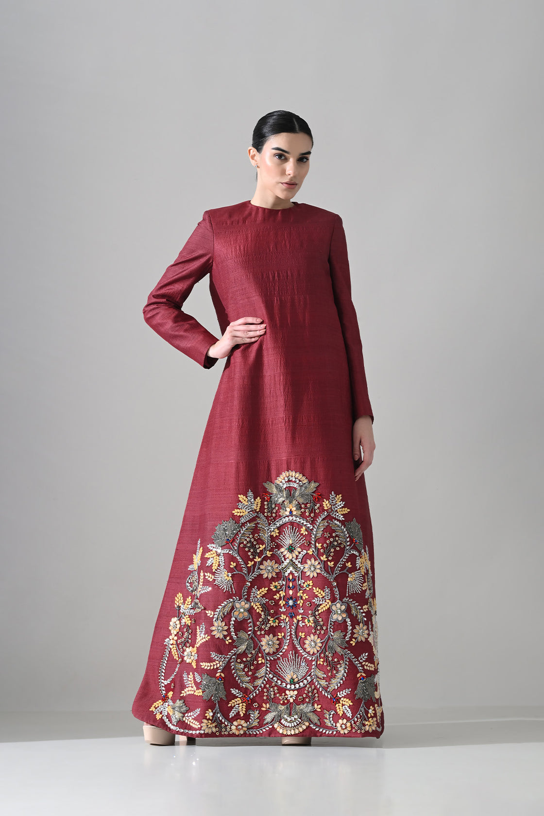 Crimson Structured Embroidered Long Dress