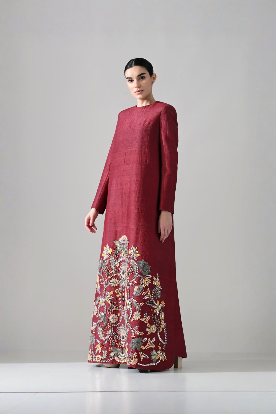 Crimson Structured Embroidered Long Dress