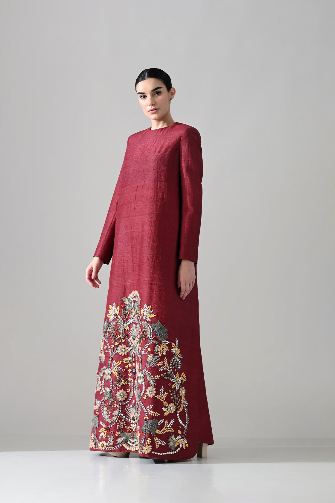 Crimson Structured Embroidered Long Dress