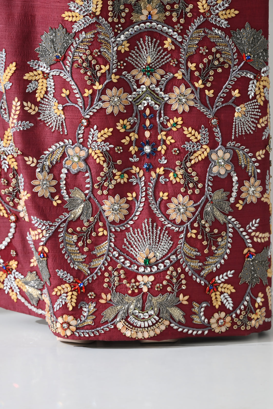 Structured Crimson Dress with Embroidered Panel