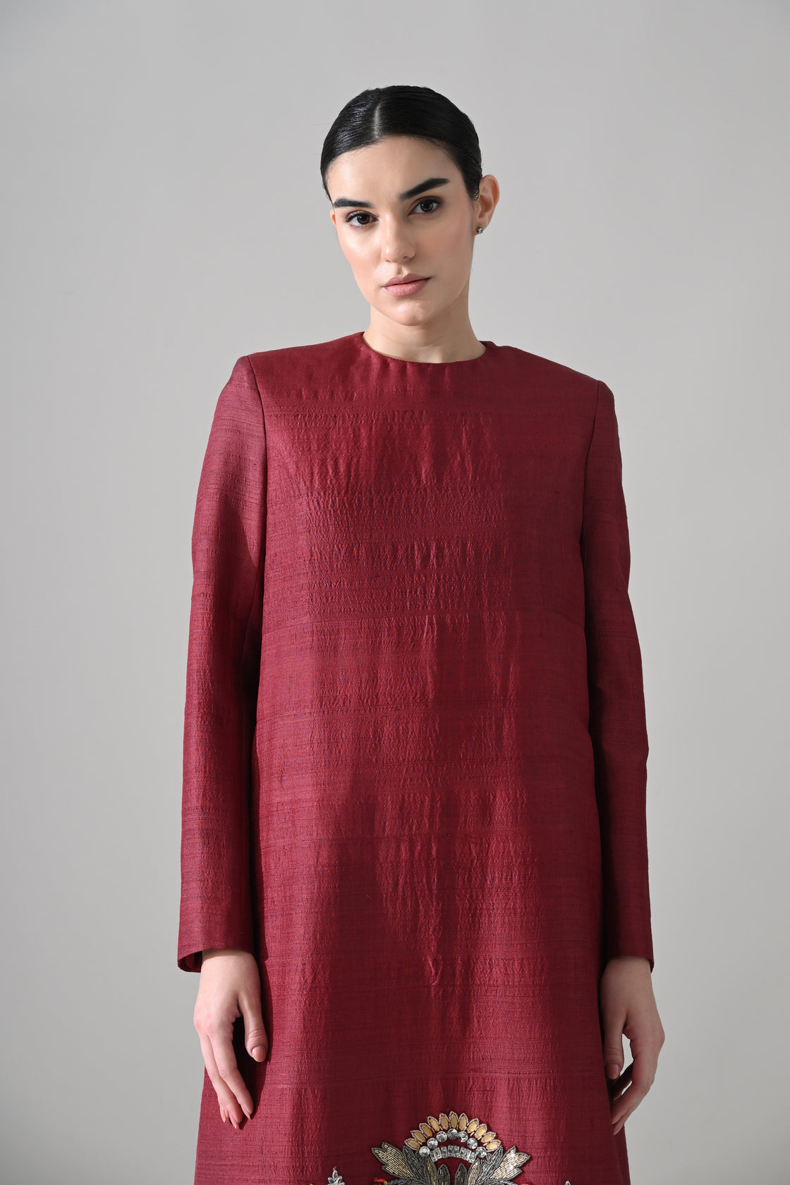 Structured Crimson Dress with Embroidered Panel