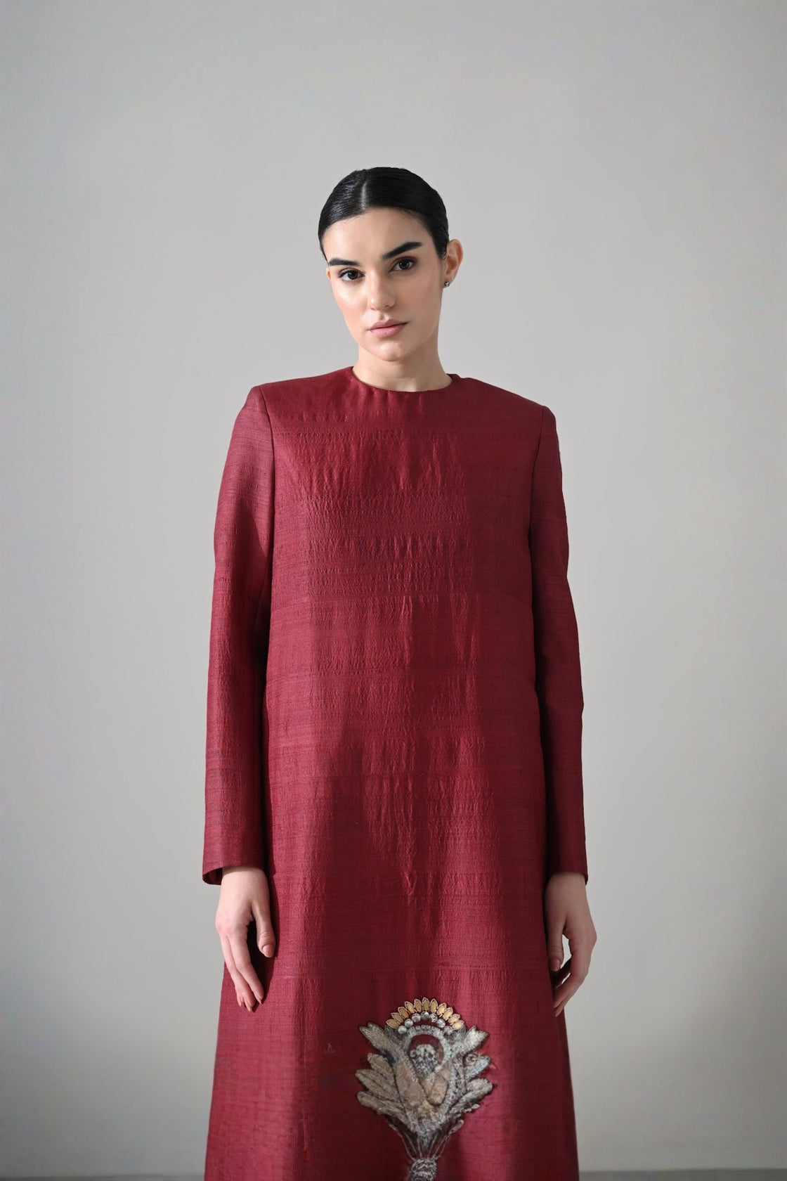Crimson Structured Embroidered Long Dress
