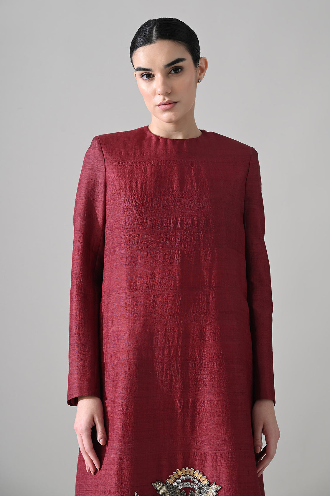 Crimson Structured Embroidered Long Dress