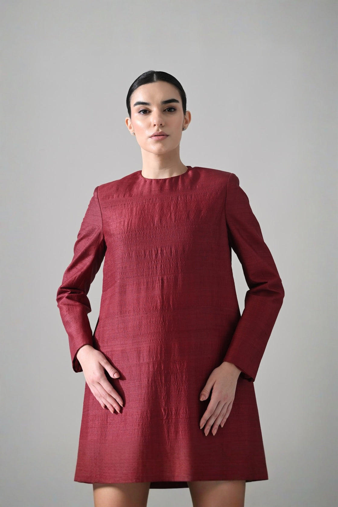 Crimson Structured Embroidered Long Dress
