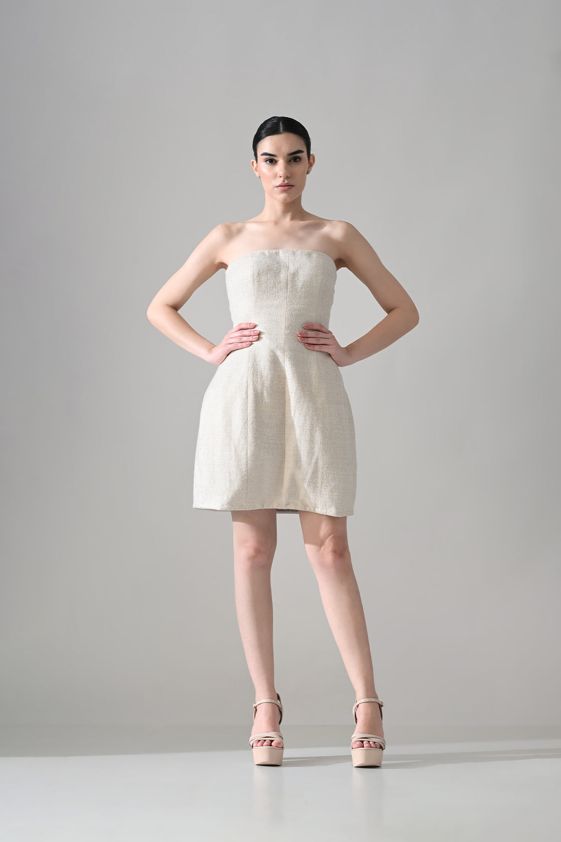 Ivory Textured Short Dress With Black Embroidered  Bolero Jacket