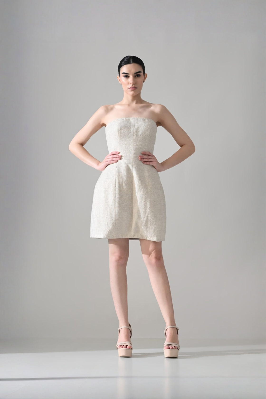 Ivory Textured Short Dress With Black Embroidered  Bolero Jacket