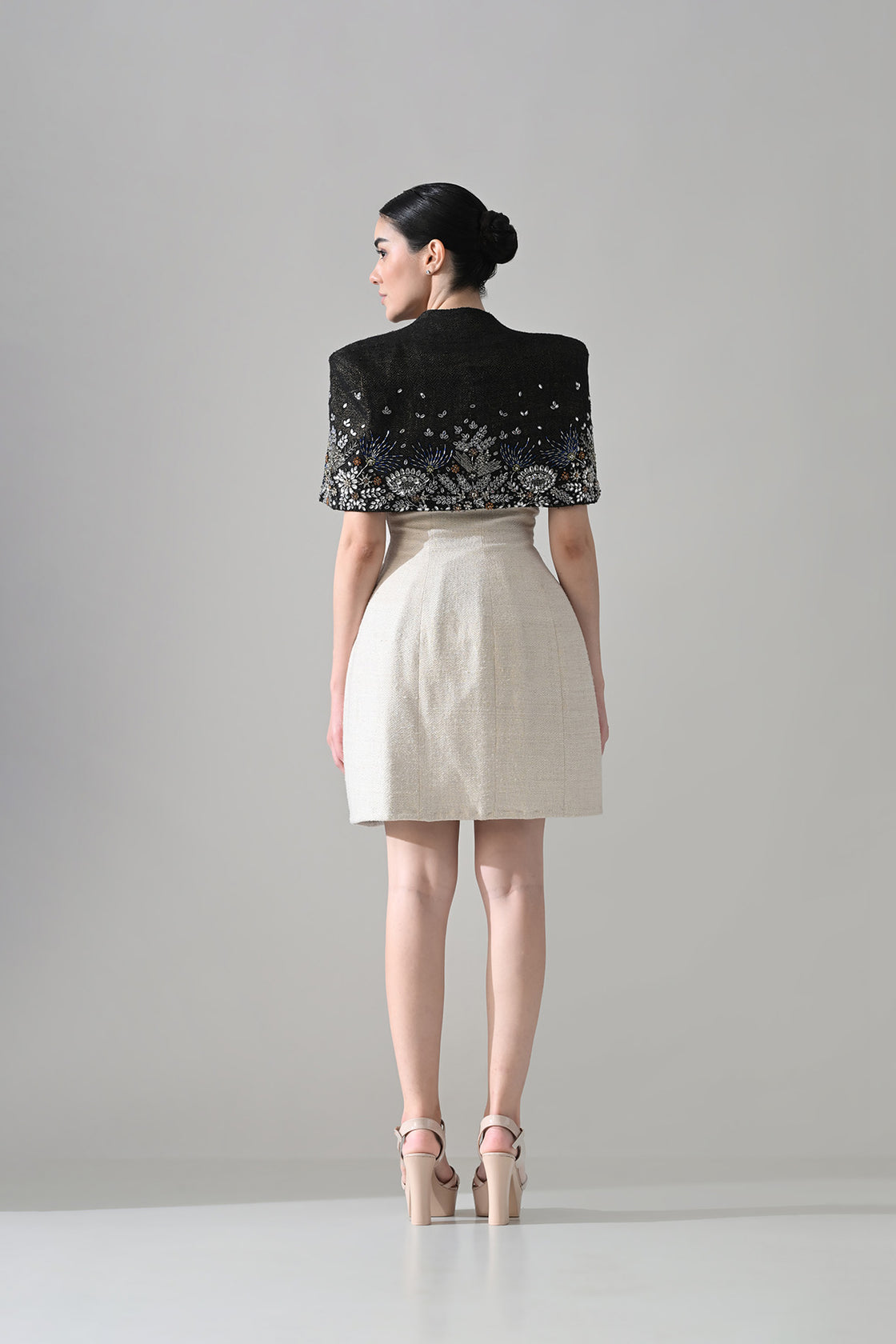 Ivory Textured Short Dress With Black Embroidered  Bolero Jacket