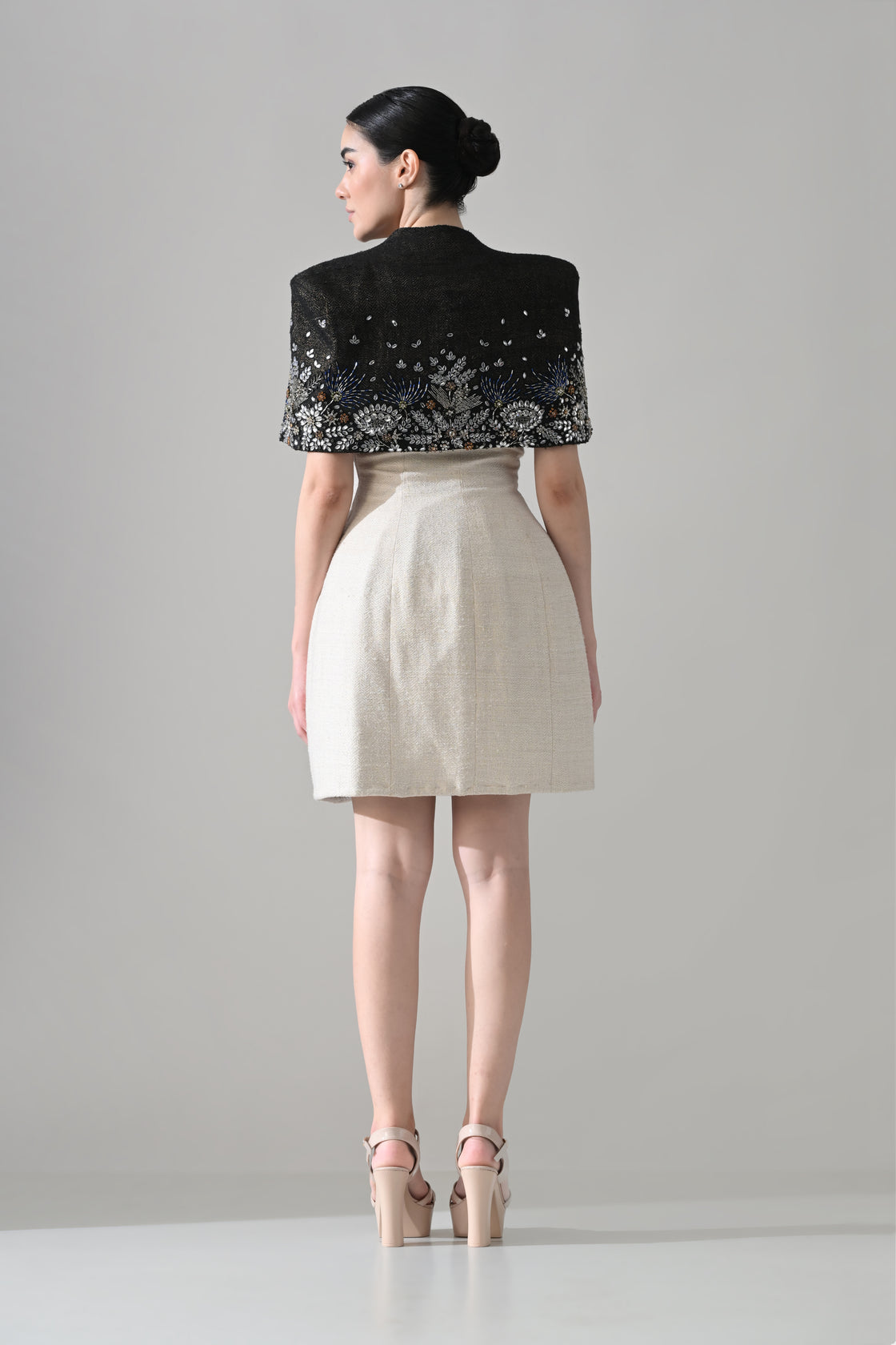 IvoryTextured Mini Dress with Black Hand-Embroidered Cropped Bolero