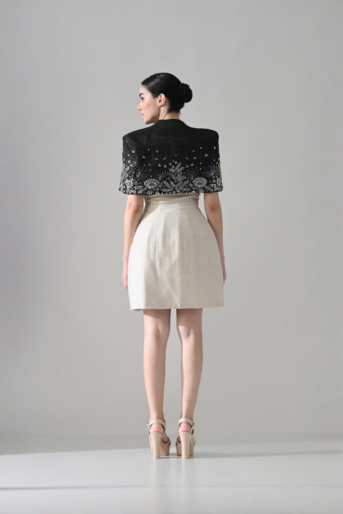 Ivory Textured Short Dress With Black Embroidered  Bolero Jacket