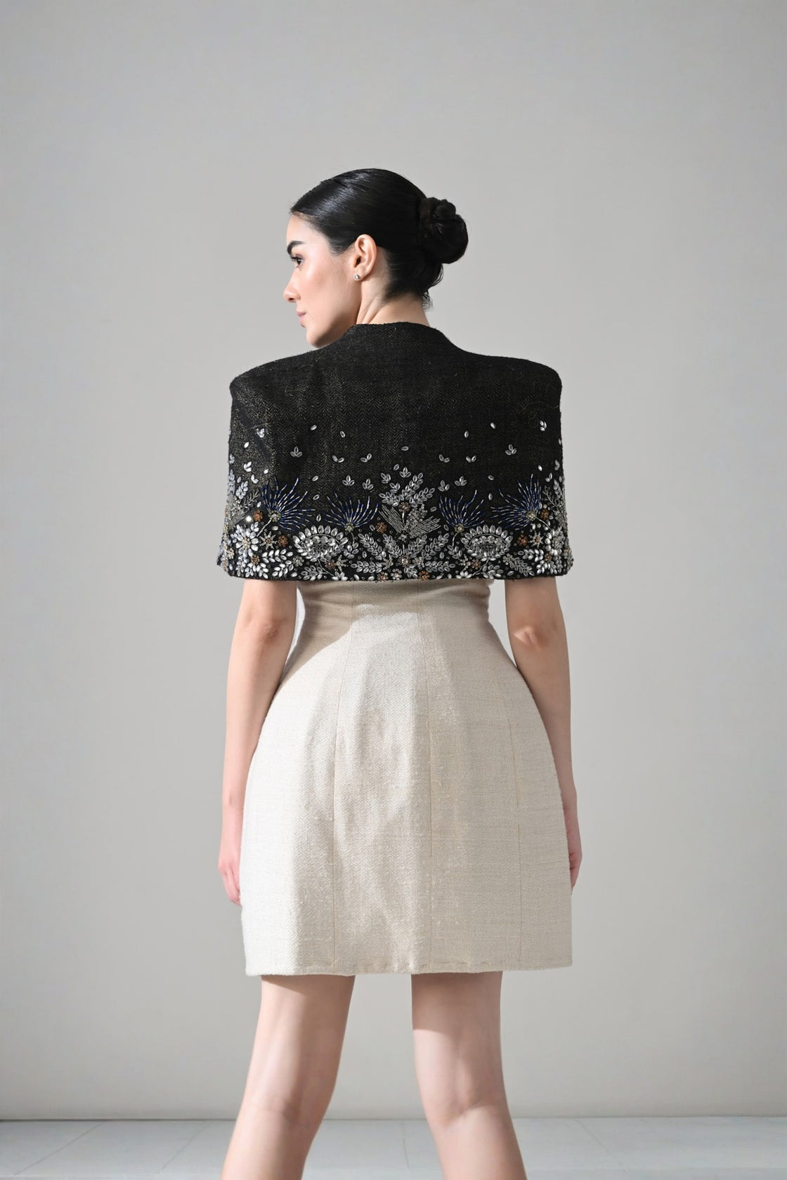 Ivory Textured Short Dress With Black Embroidered  Bolero Jacket