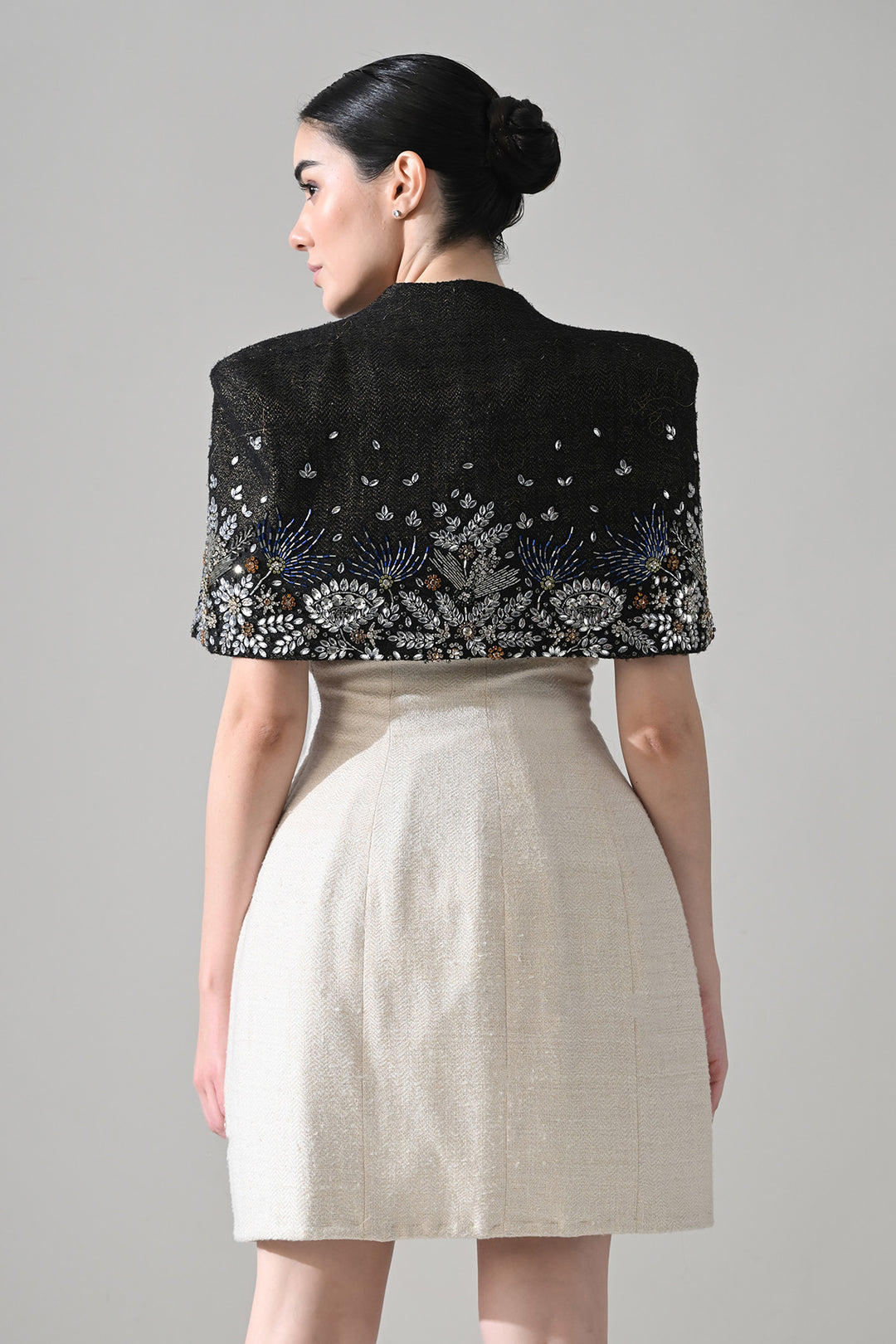 Ivory Textured Short Dress With Black Embroidered  Bolero Jacket