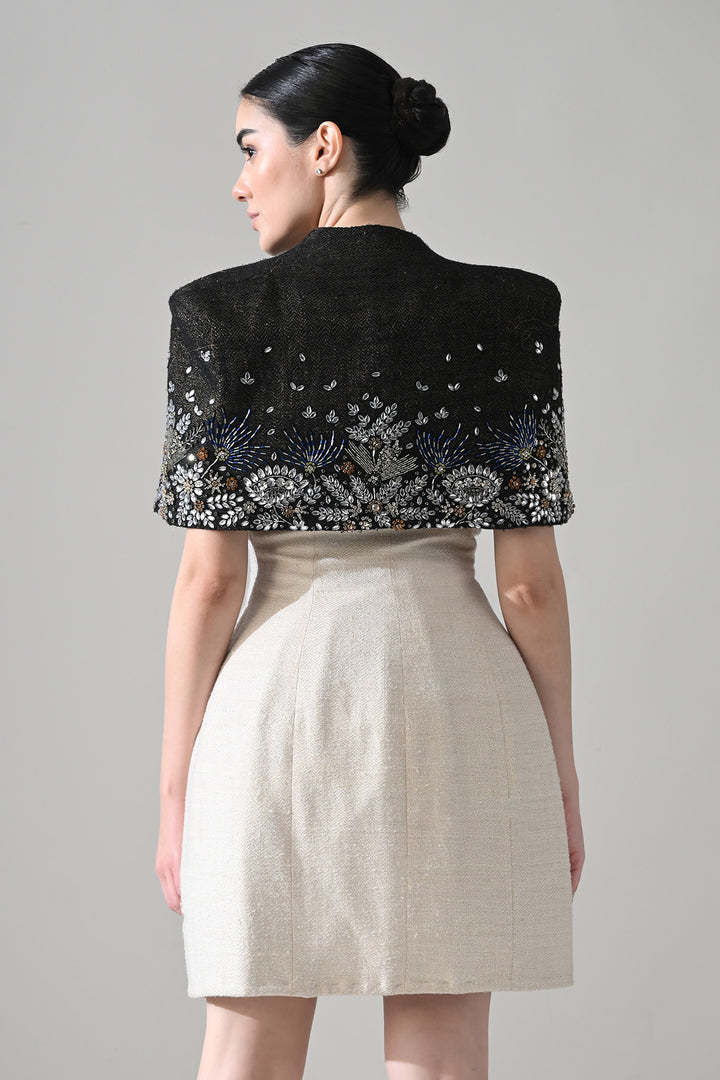 Ivory Textured Short Dress With Black Embroidered  Bolero Jacket