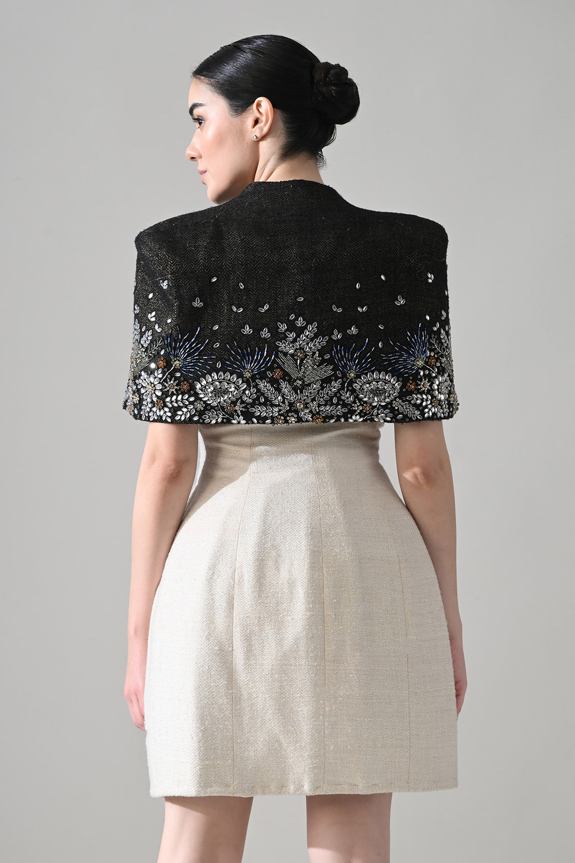 Ivory Textured Short Dress With Black Embroidered  Bolero Jacket