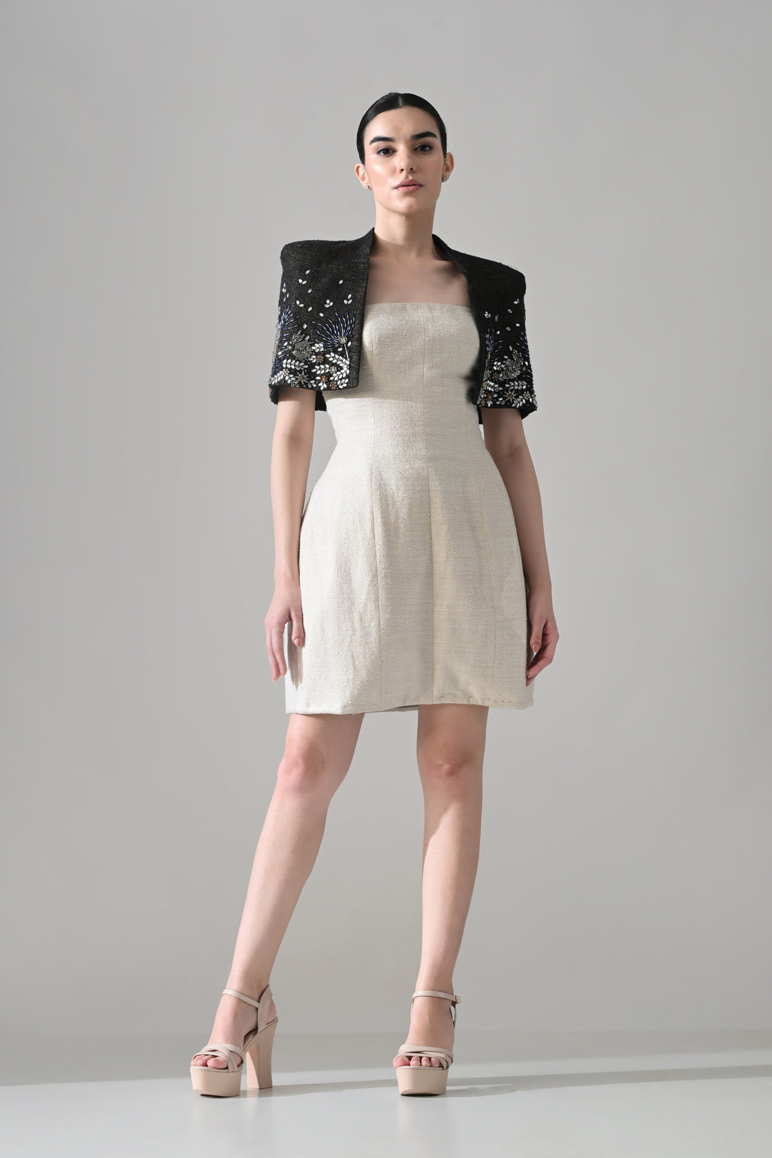 IvoryTextured Mini Dress with Black Hand-Embroidered Cropped Bolero