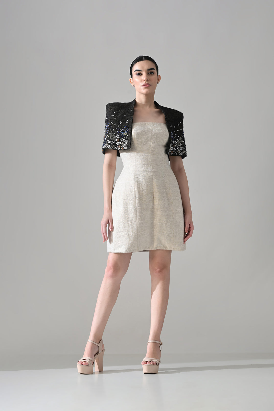 Ivory Textured Short Dress With Black Embroidered  Bolero Jacket