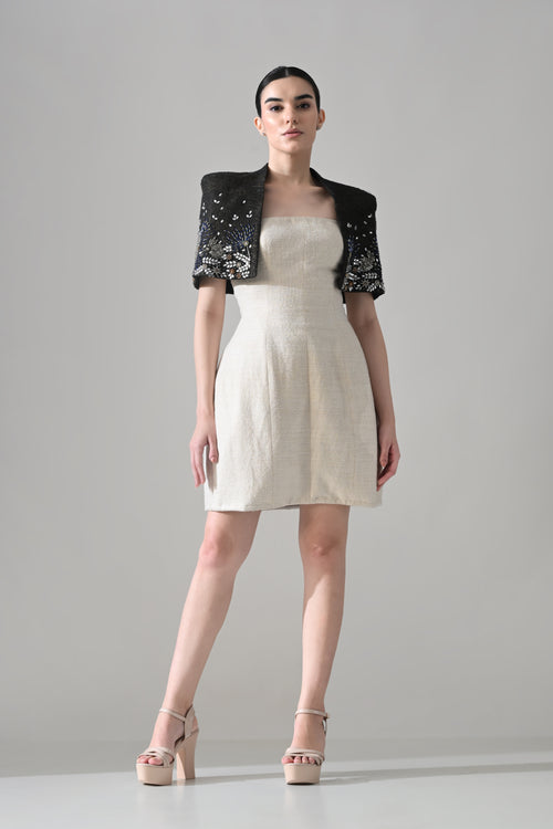 IvoryTextured Mini Dress with Black Hand-Embroidered Cropped Bolero