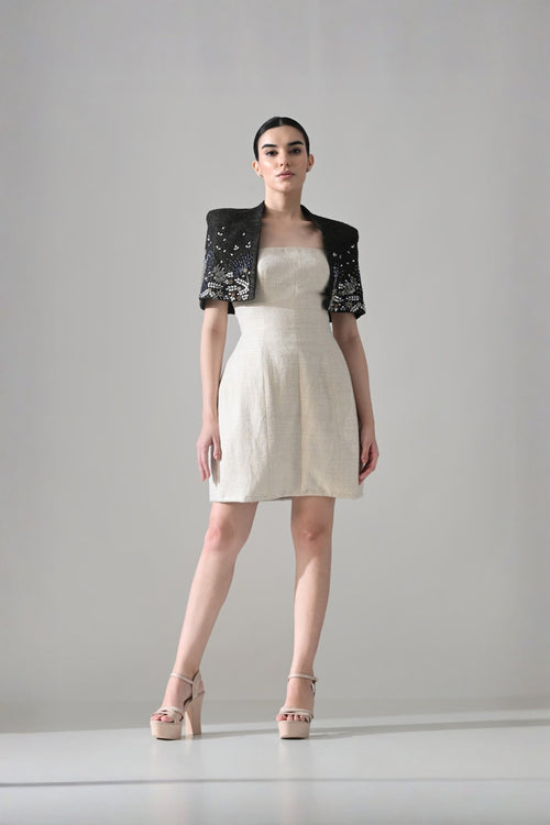 Ivory Textured Short Dress With Black Embroidered  Bolero Jacket