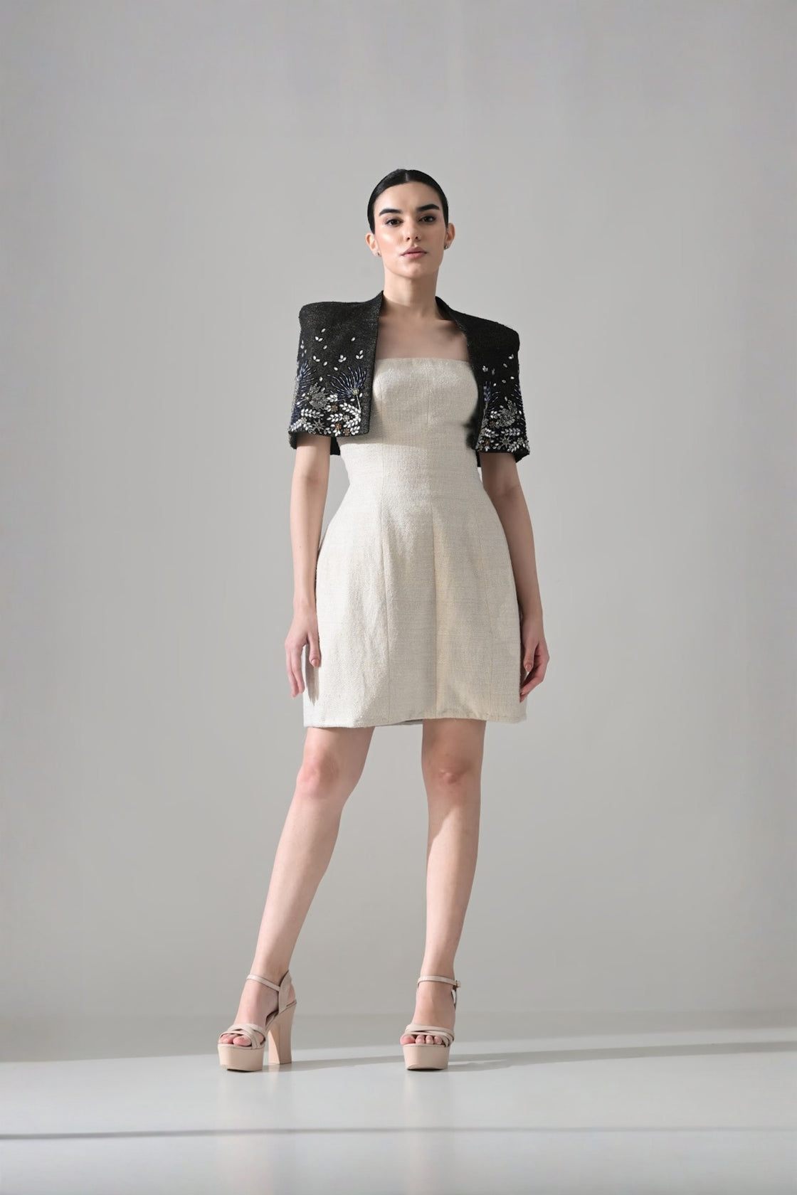 Ivory Textured Short Dress With Black Embroidered  Bolero Jacket