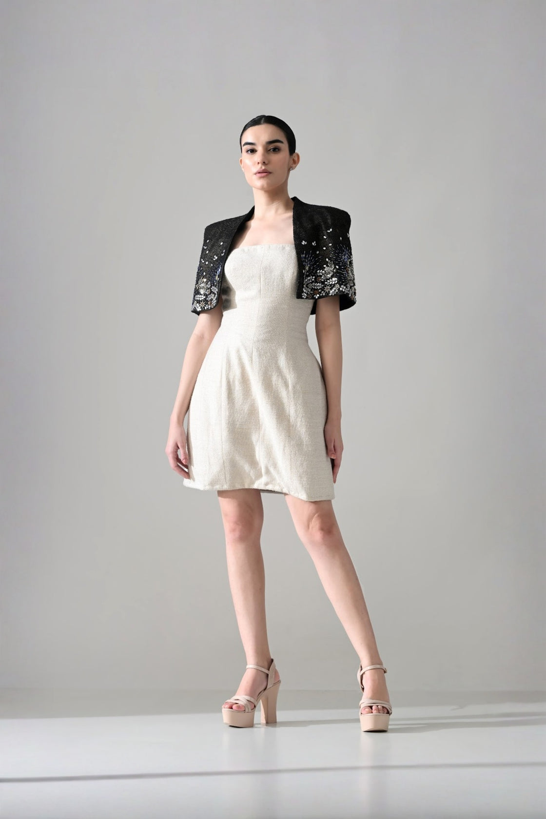 Ivory Textured Short Dress With Black Embroidered  Bolero Jacket