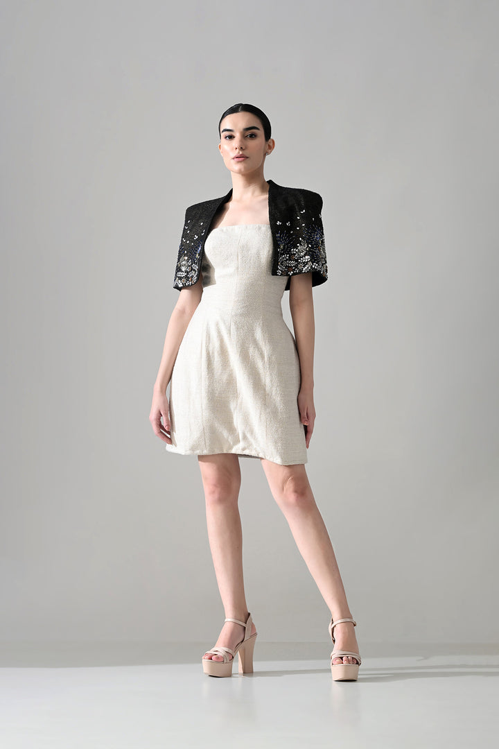 Ivory Textured Short Dress With Black Embroidered  Bolero Jacket