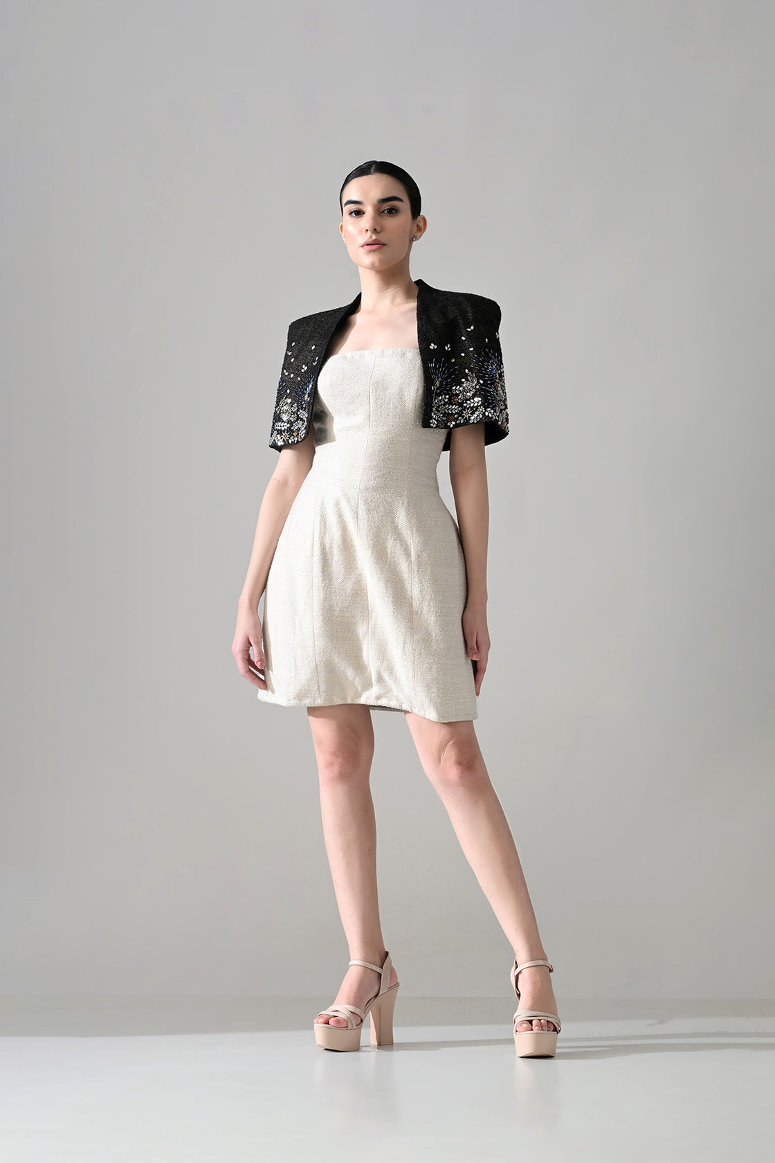 Ivory Textured Short Dress With Black Embroidered  Bolero Jacket