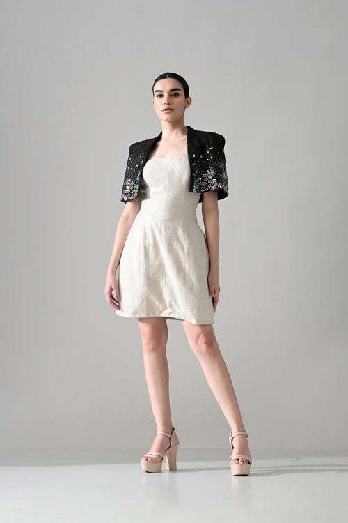 Ivory Textured Short Dress With Black Embroidered  Bolero Jacket