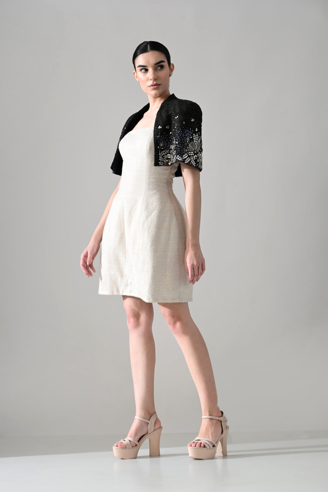 IvoryTextured Mini Dress with Black Hand-Embroidered Cropped Bolero