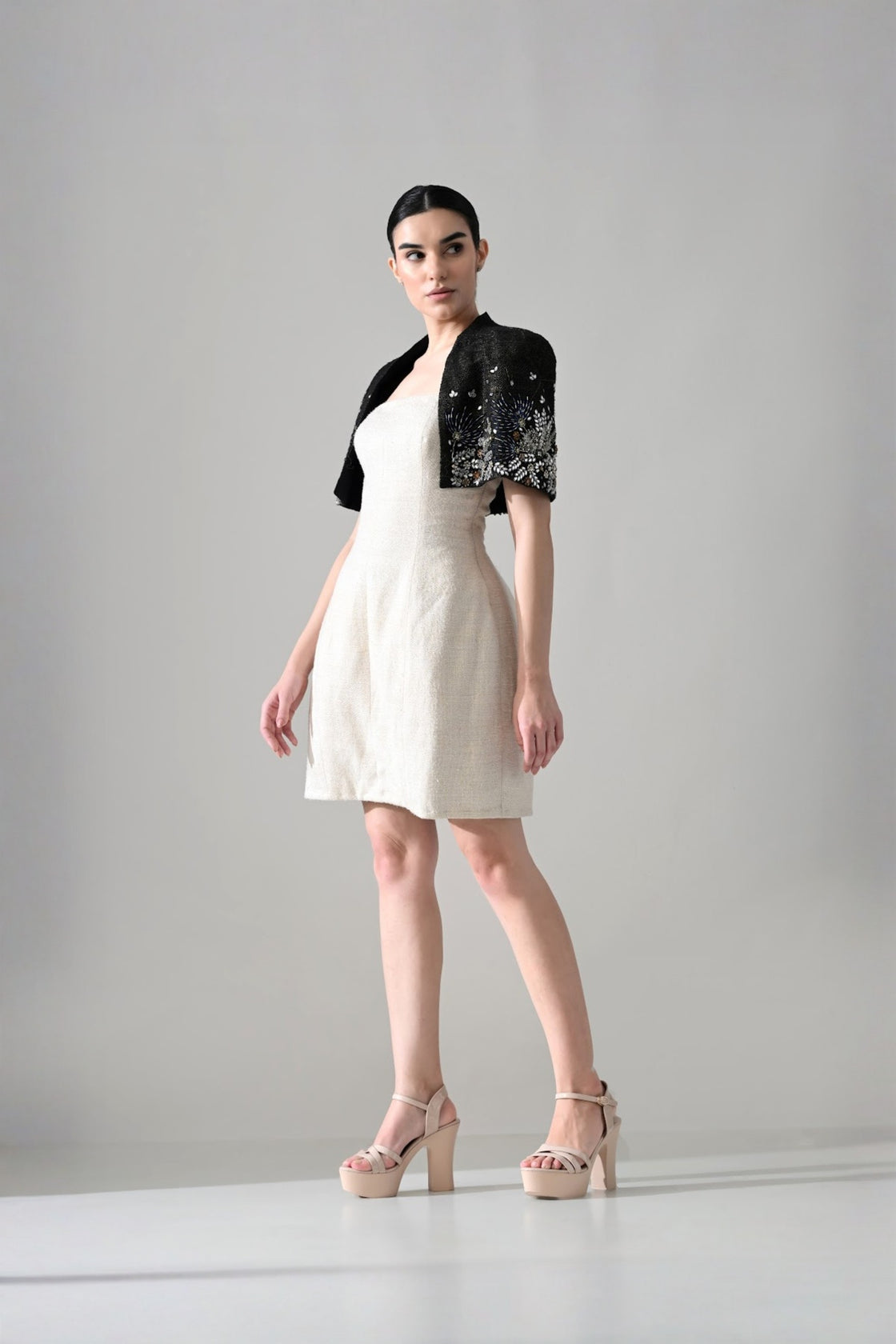 Ivory Textured Short Dress With Black Embroidered  Bolero Jacket
