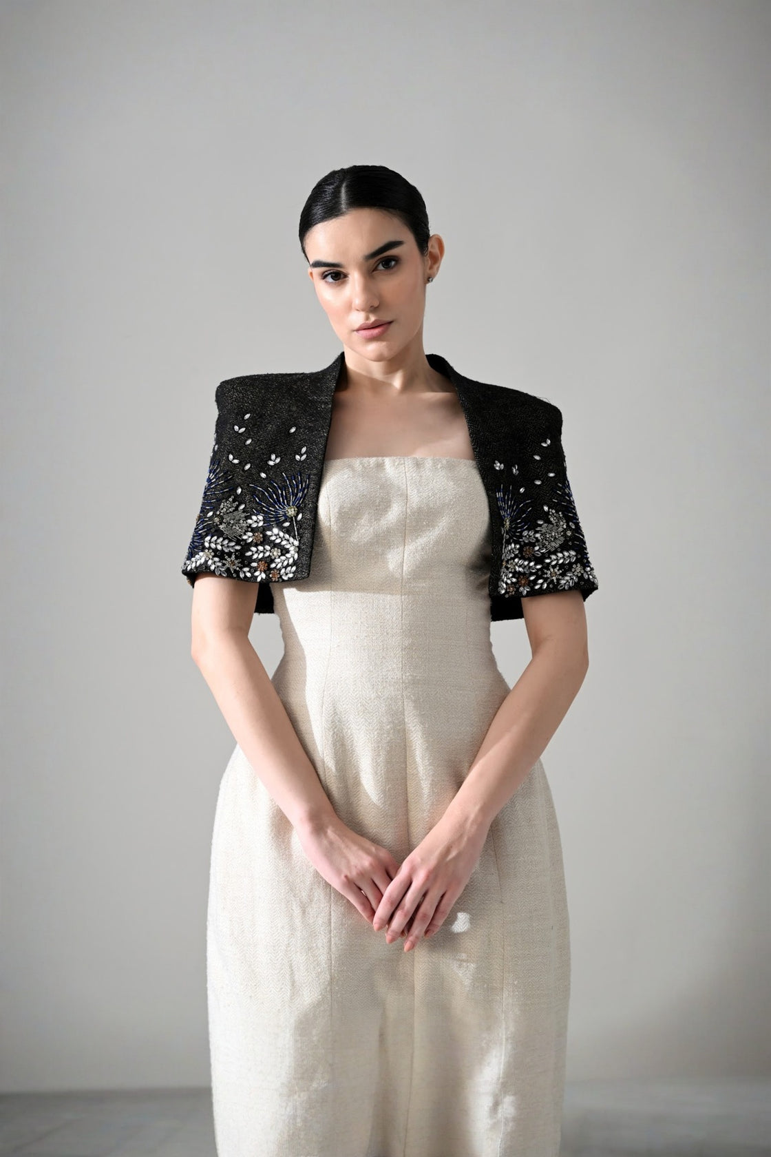 Ivory Textured Short Dress With Black Embroidered  Bolero Jacket