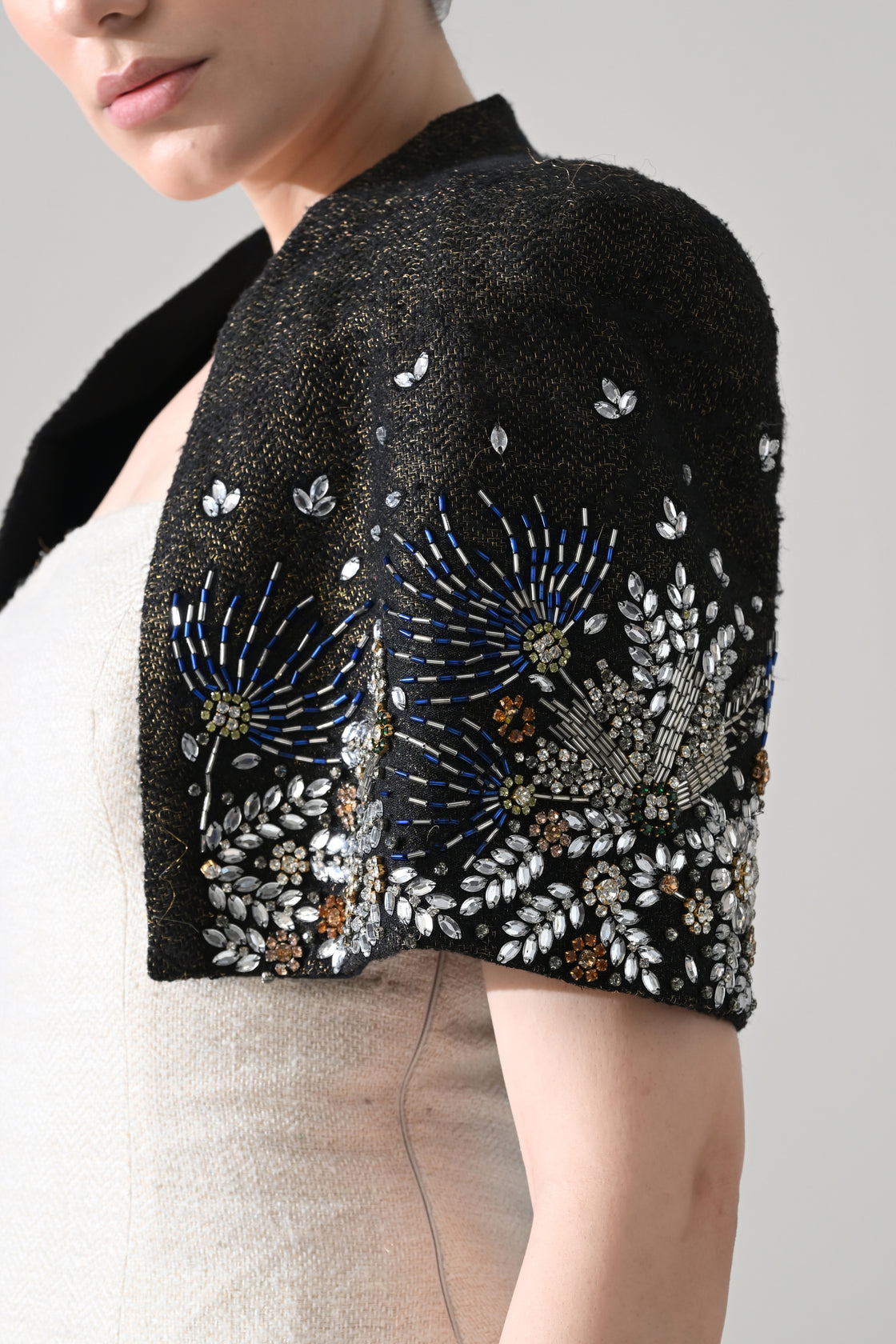 IvoryTextured Mini Dress with Black Hand-Embroidered Cropped Bolero