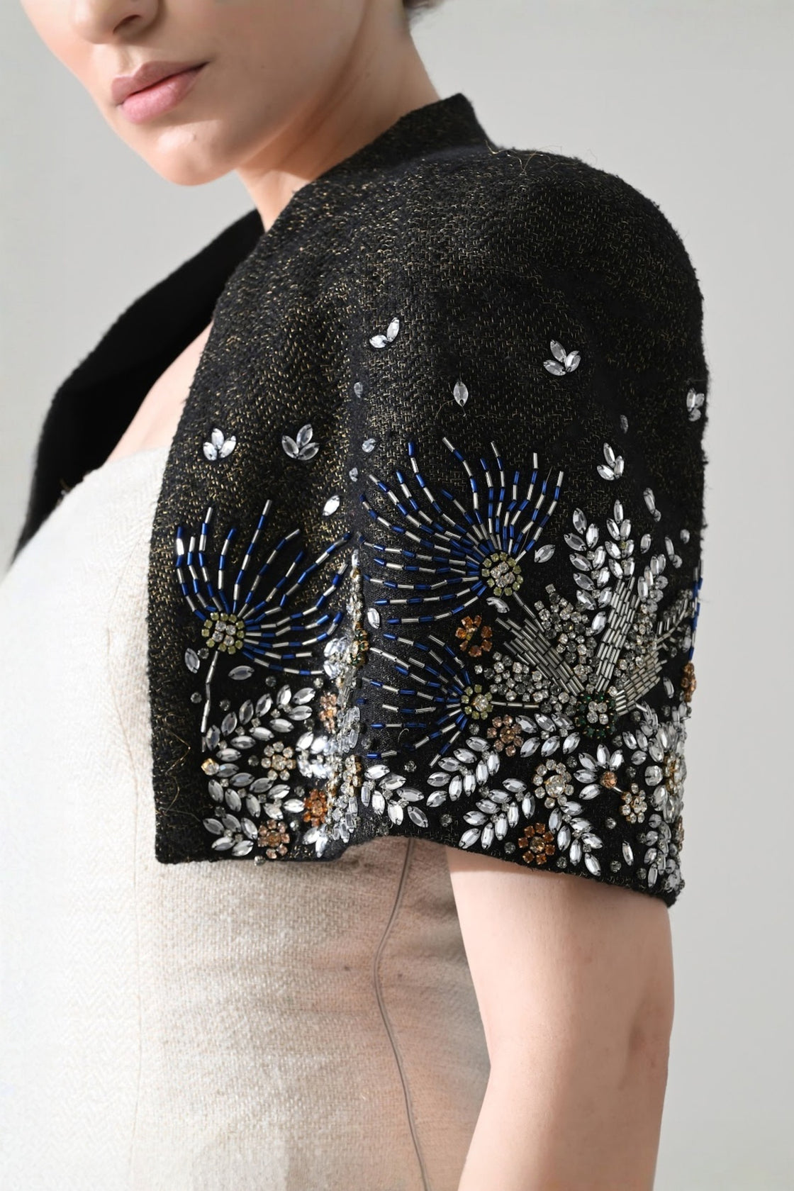 Ivory Textured Short Dress With Black Embroidered  Bolero Jacket