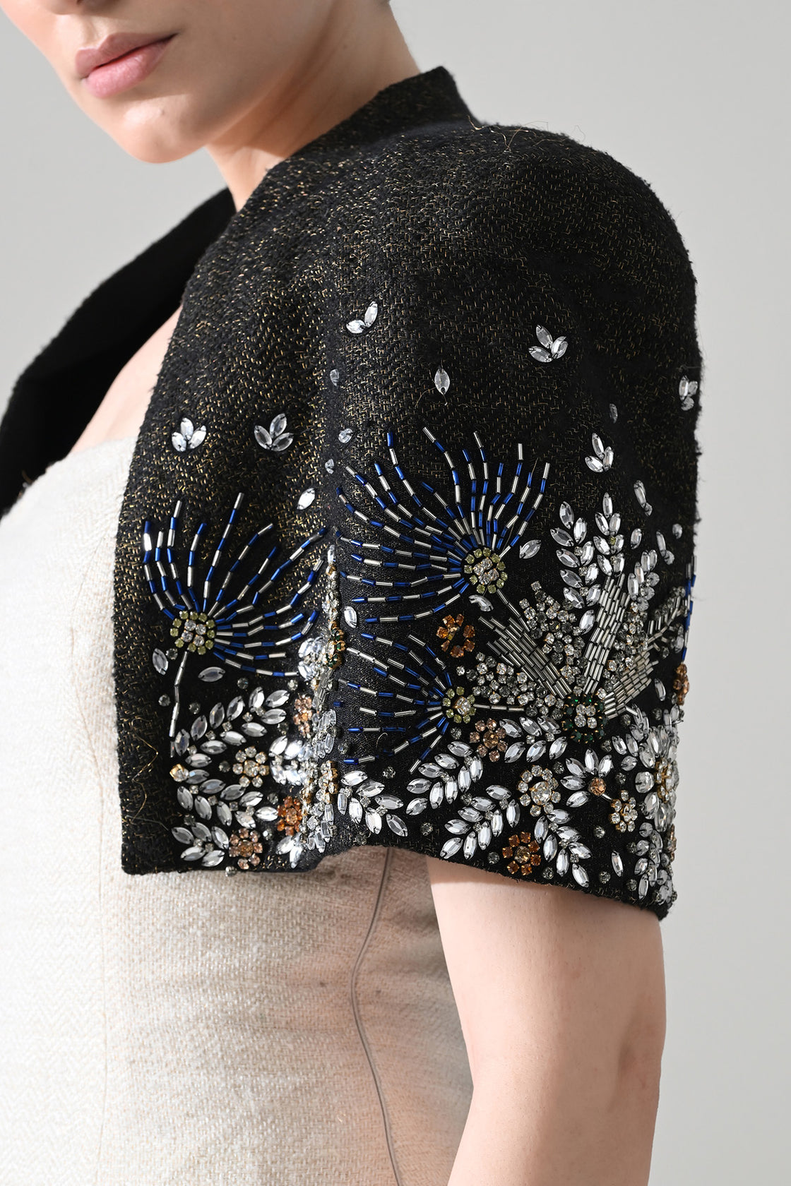 Ivory Textured Short Dress With Black Embroidered  Bolero Jacket