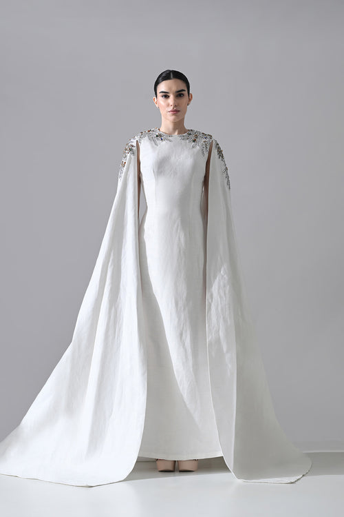 Ivory Gown With Hand-Embellished Shoulders And Draped Cape Sleeves Overlay