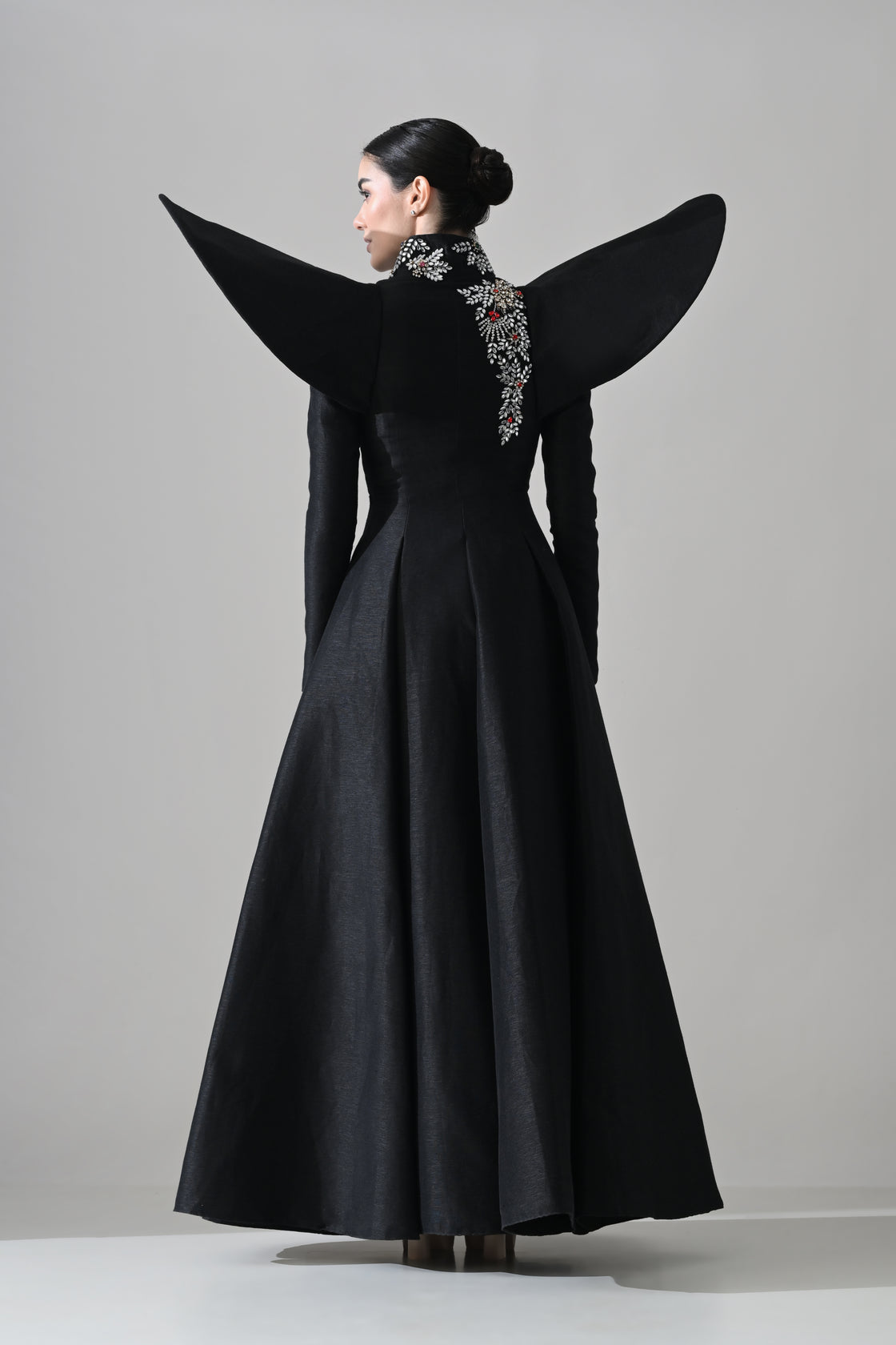 Black Gown with Winged Shoulders and Cascading Hand Embroidery