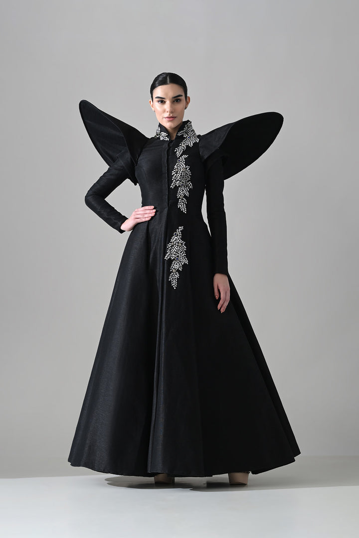 Black Gown With Winged Shoulders And Cascading Hand Embroidery