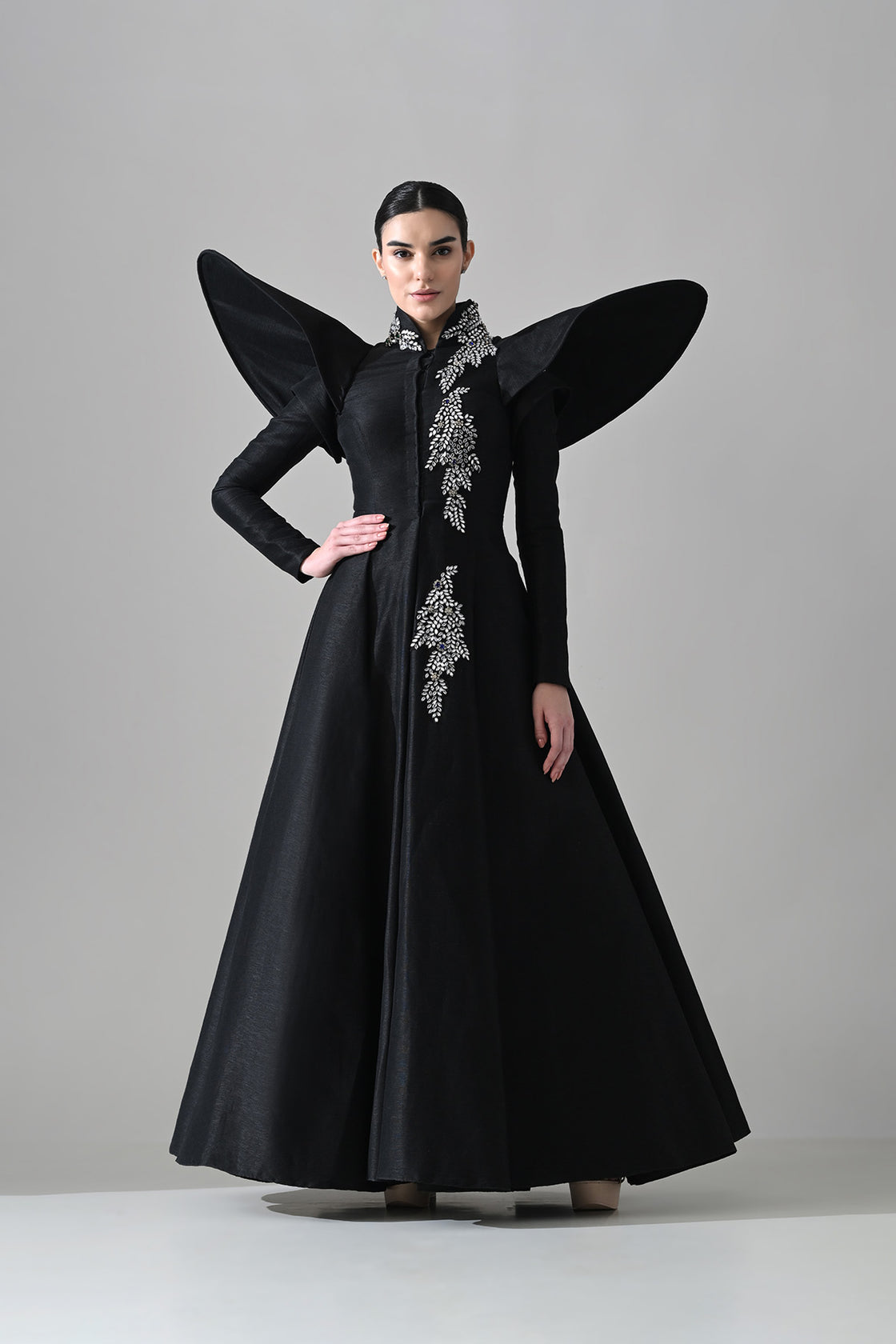 Black Gown With Winged Shoulders And Cascading Hand Embroidery