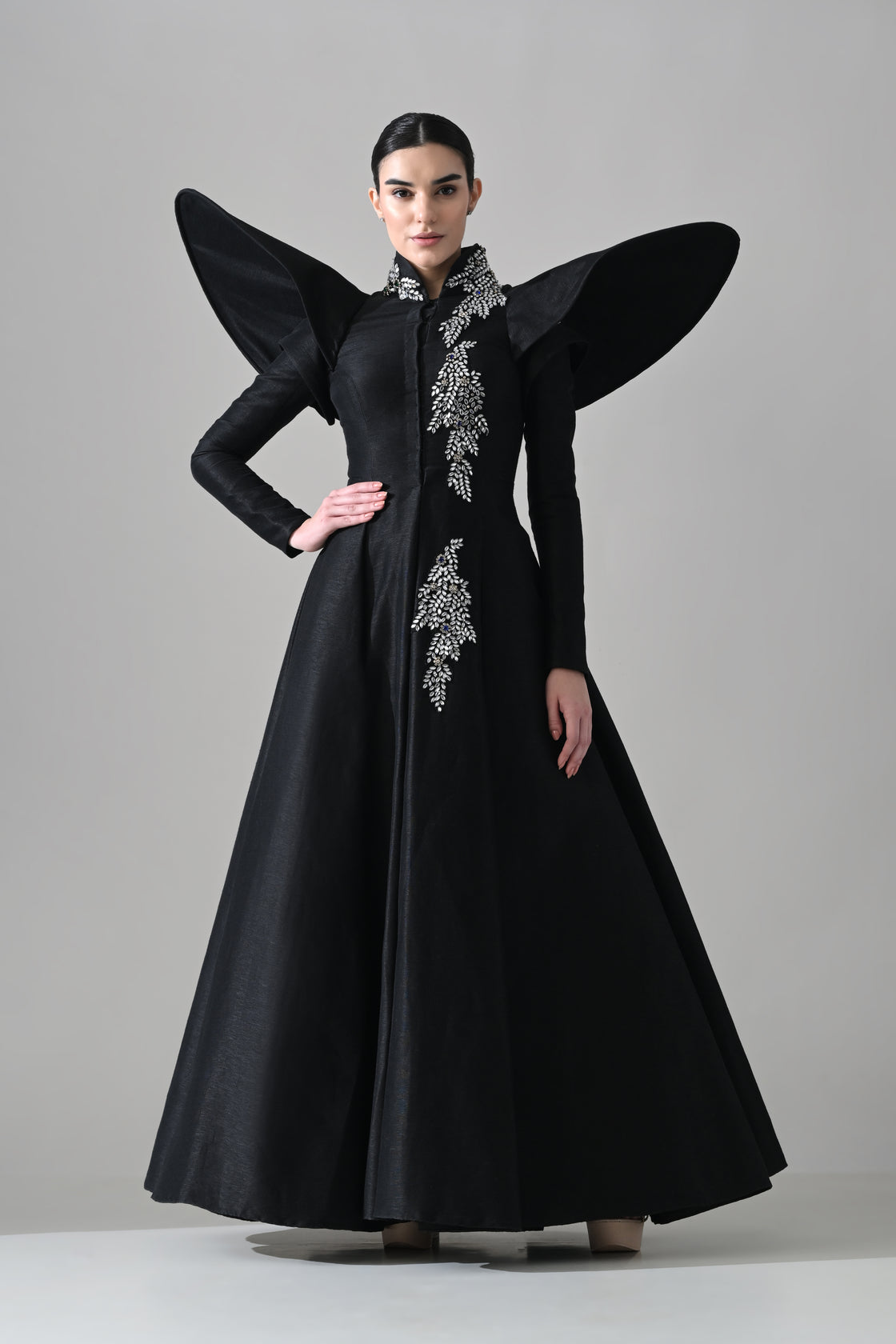 Black Gown with Winged Shoulders and Cascading Hand Embroidery