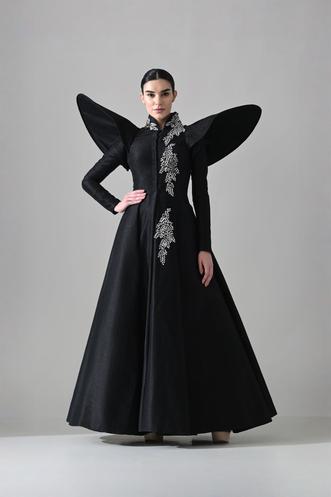 Black Gown With Winged Shoulders And Cascading Hand Embroidery