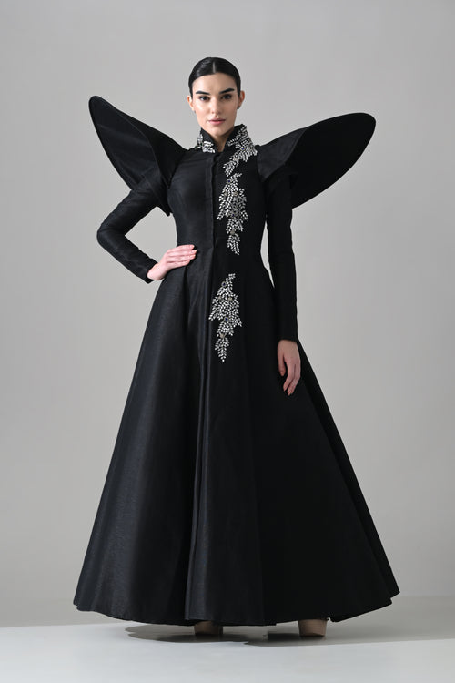 Black Gown with Winged Shoulders and Cascading Hand Embroidery