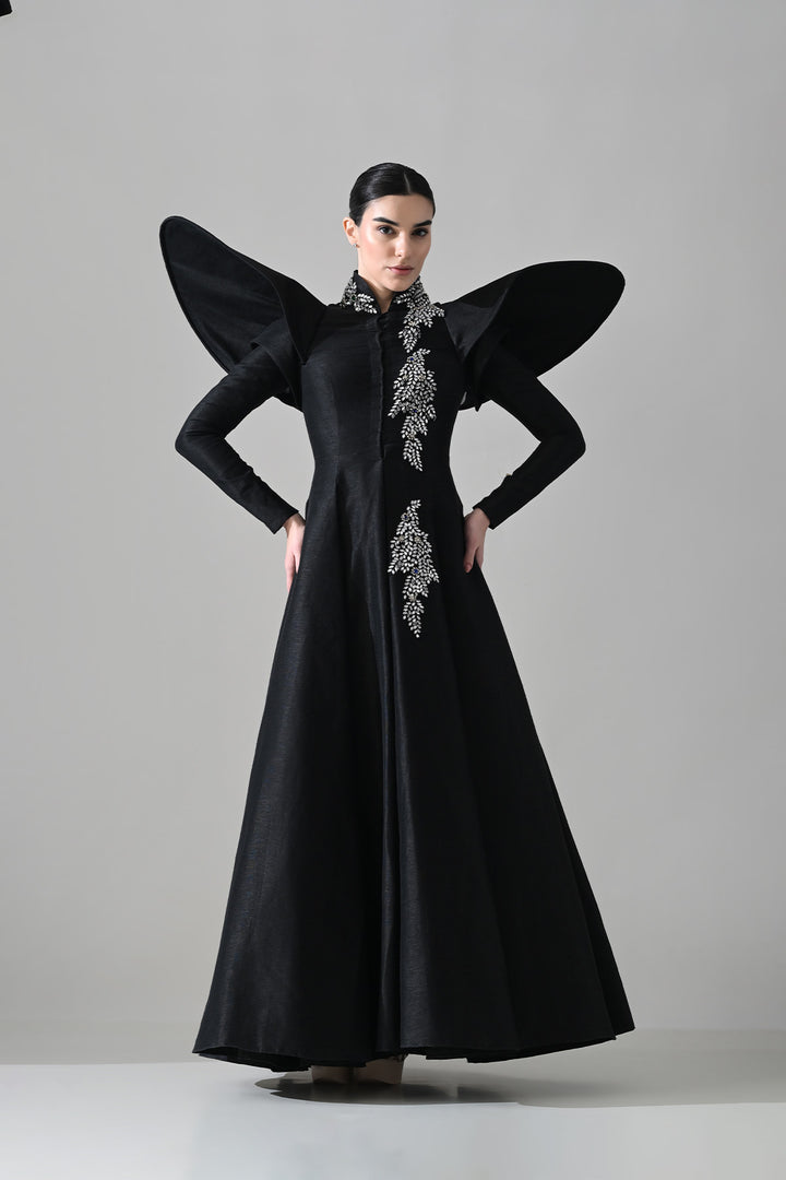 Black Gown With Winged Shoulders And Cascading Hand Embroidery