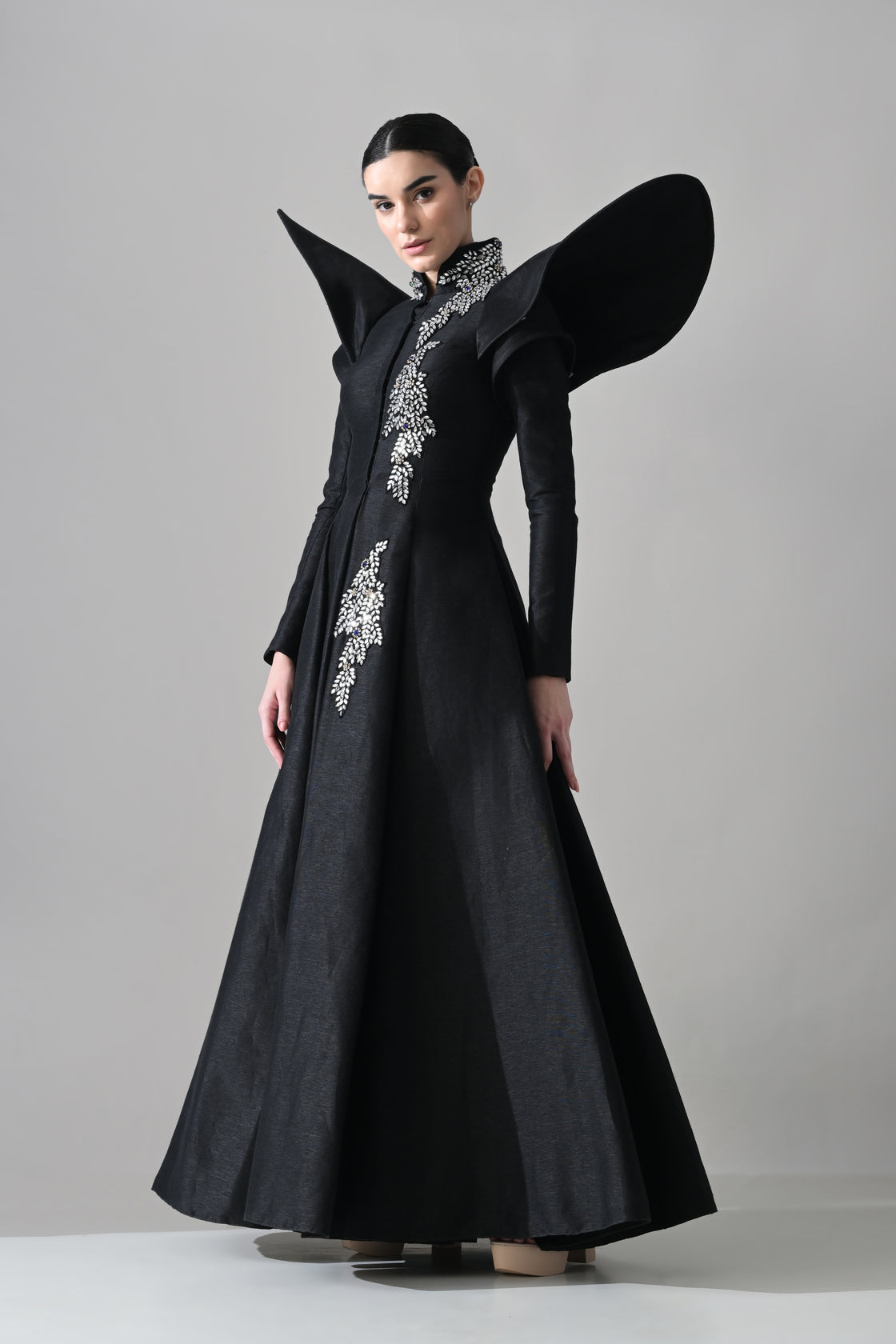 Black Gown with Winged Shoulders and Cascading Hand Embroidery