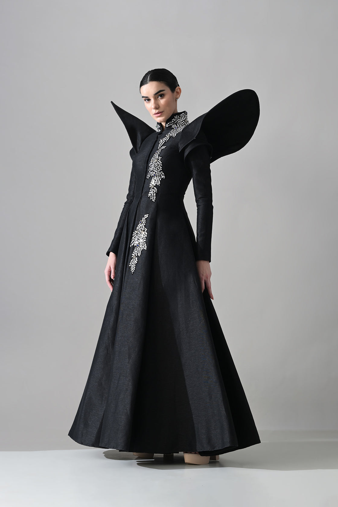 Black Gown With Winged Shoulders And Cascading Hand Embroidery