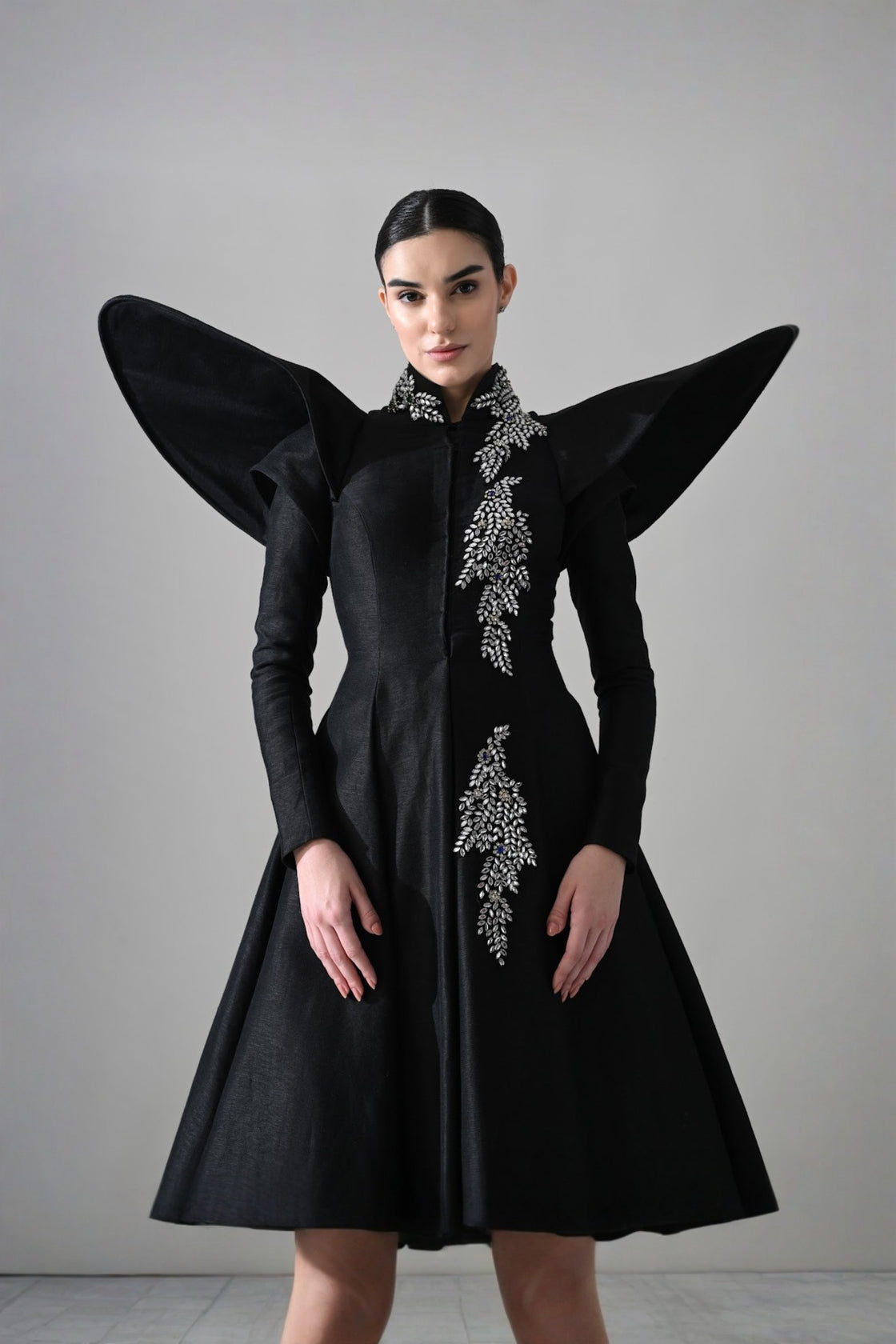 Black Gown With Winged Shoulders And Cascading Hand Embroidery
