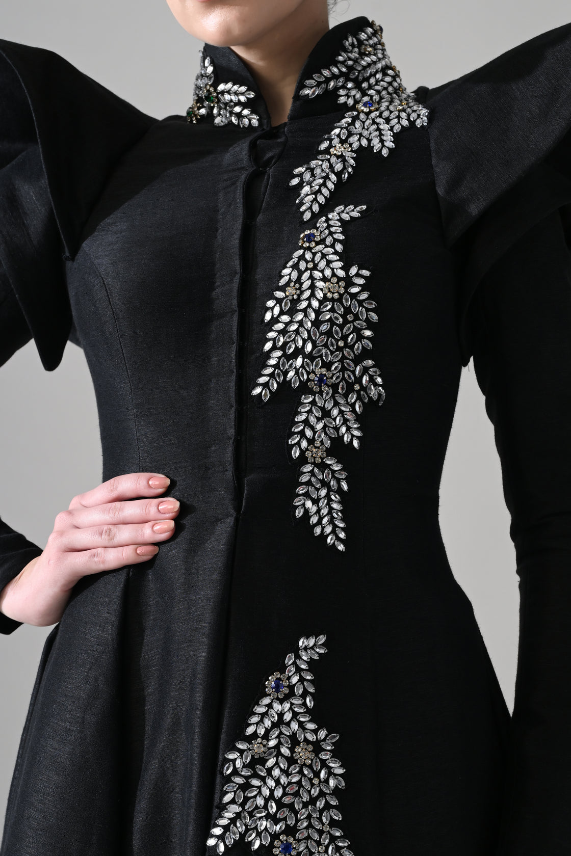 Black Gown with Winged Shoulders and Cascading Hand Embroidery