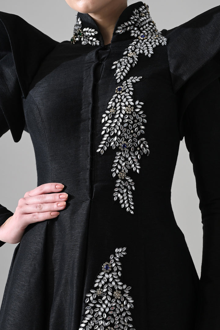 Black Gown With Winged Shoulders And Cascading Hand Embroidery