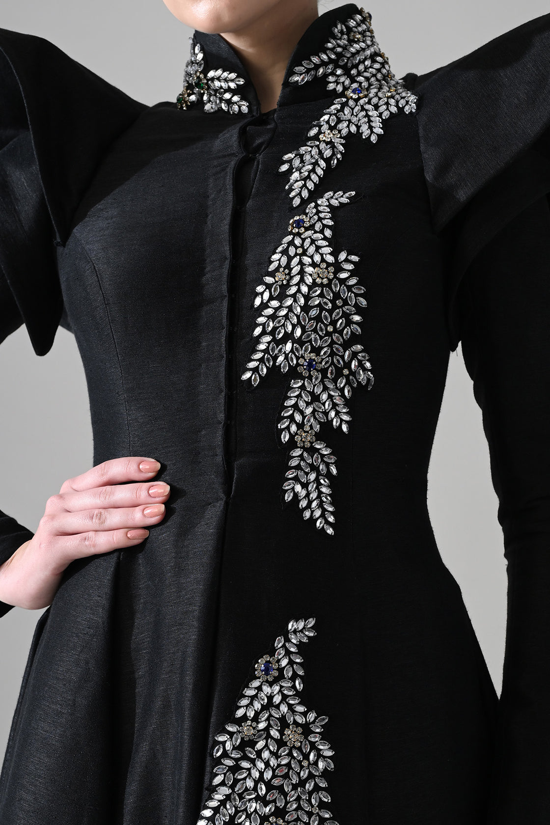 Black Gown With Winged Shoulders And Cascading Hand Embroidery