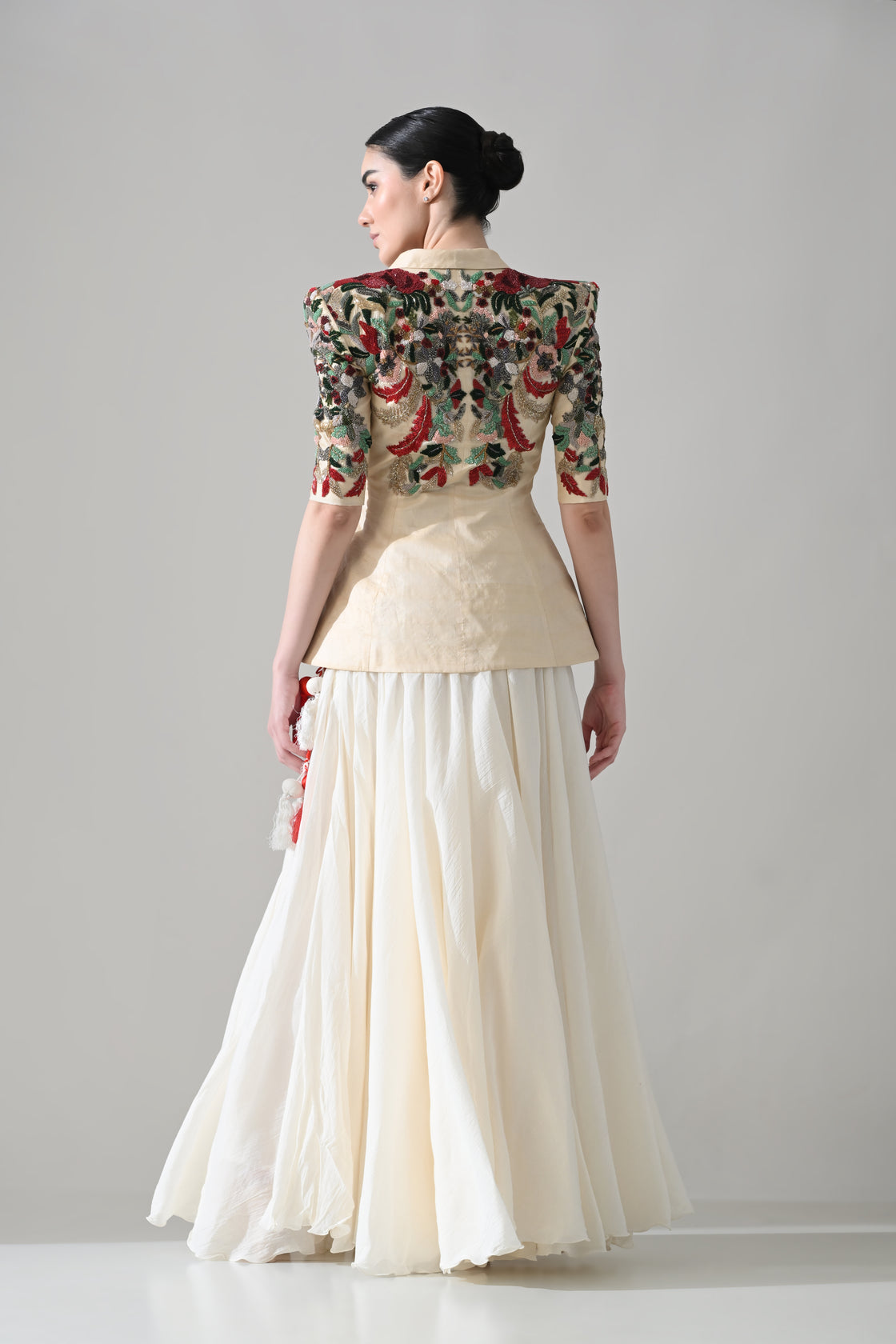 Embroidered Beige Tailored Jacket with Soft Full-Length Skirt